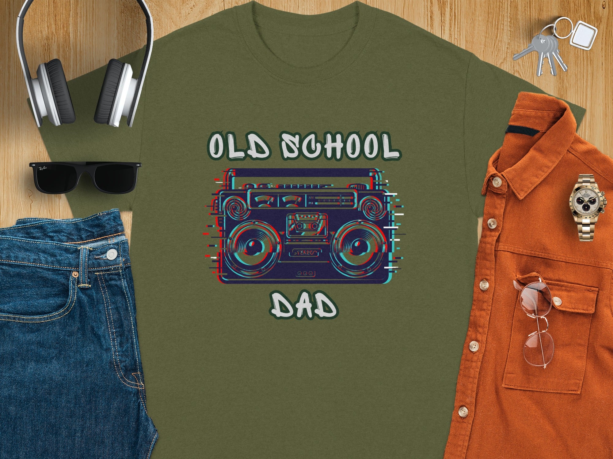 Olive t-shirt with "Old School Dad" and glitch art boombox graphic.