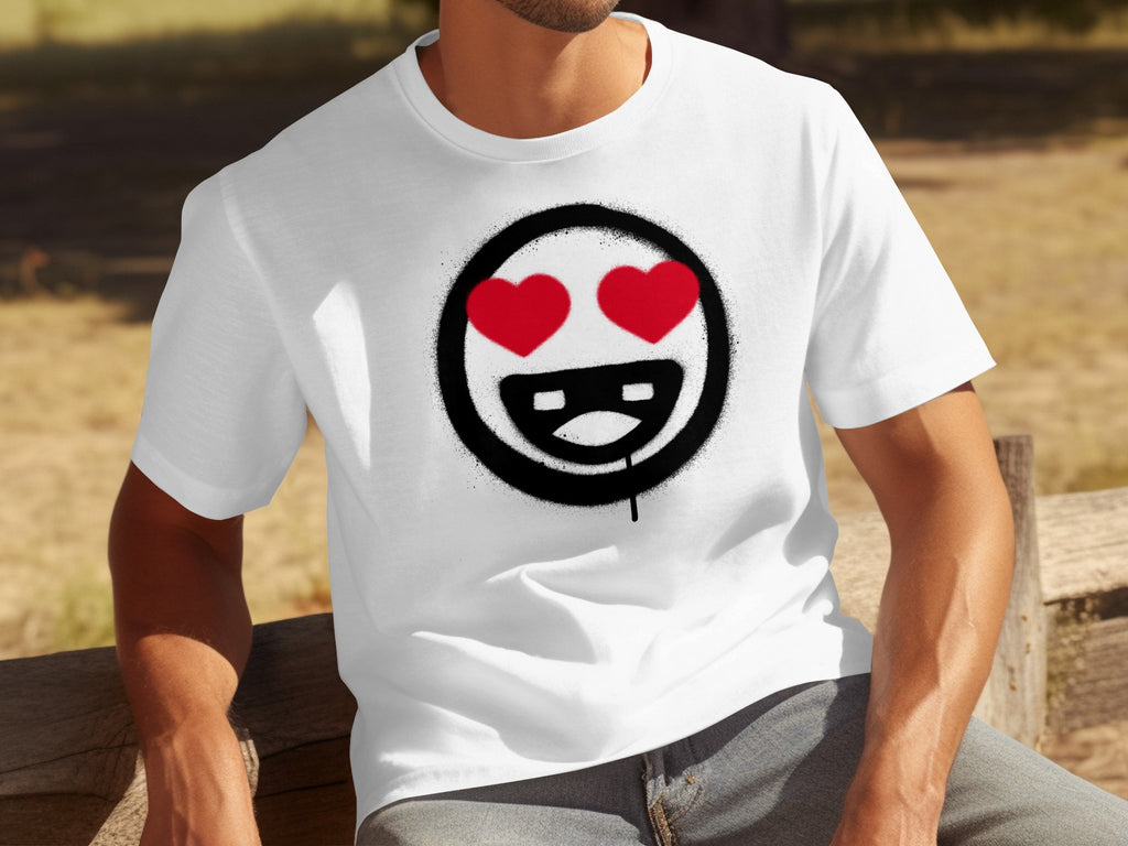 White t-shirt with a black circle graphic featuring red heart eyes.