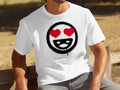 White t-shirt with a black circle graphic featuring red heart eyes.