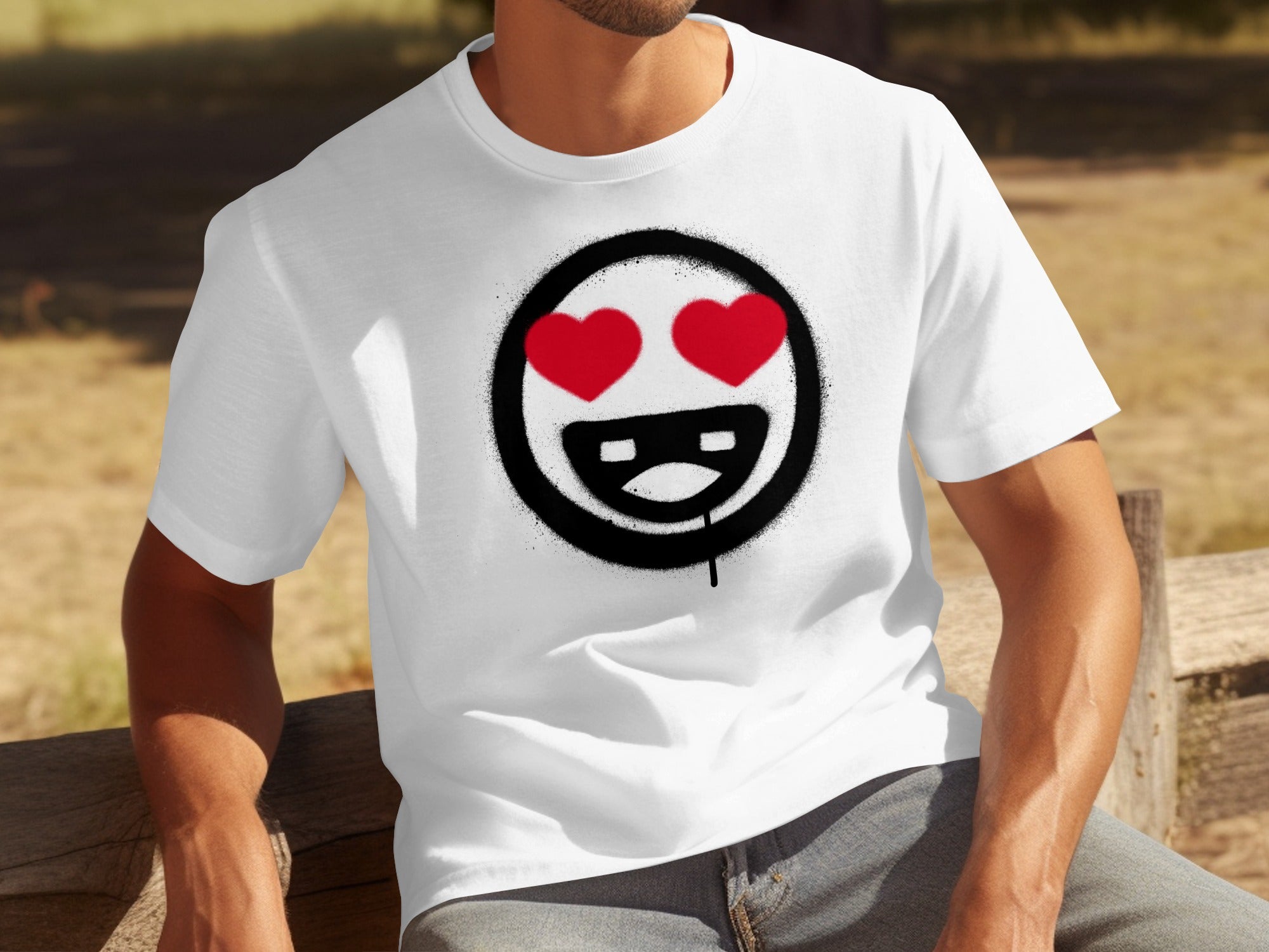White t-shirt with a black circle graphic featuring red heart eyes.