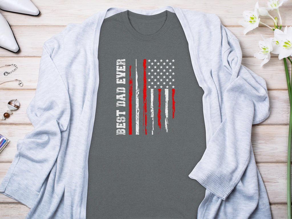Grey t-shirt with distressed American flag and "BEST DAD EVER" text.