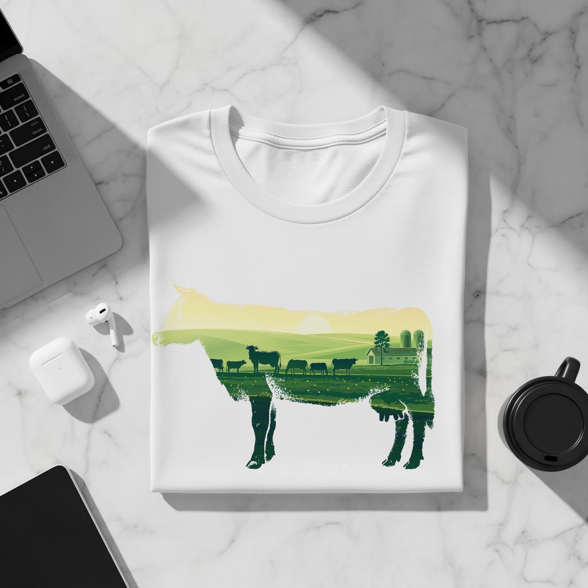 White t-shirt with a cow silhouette filled with a farm landscape at sunset.