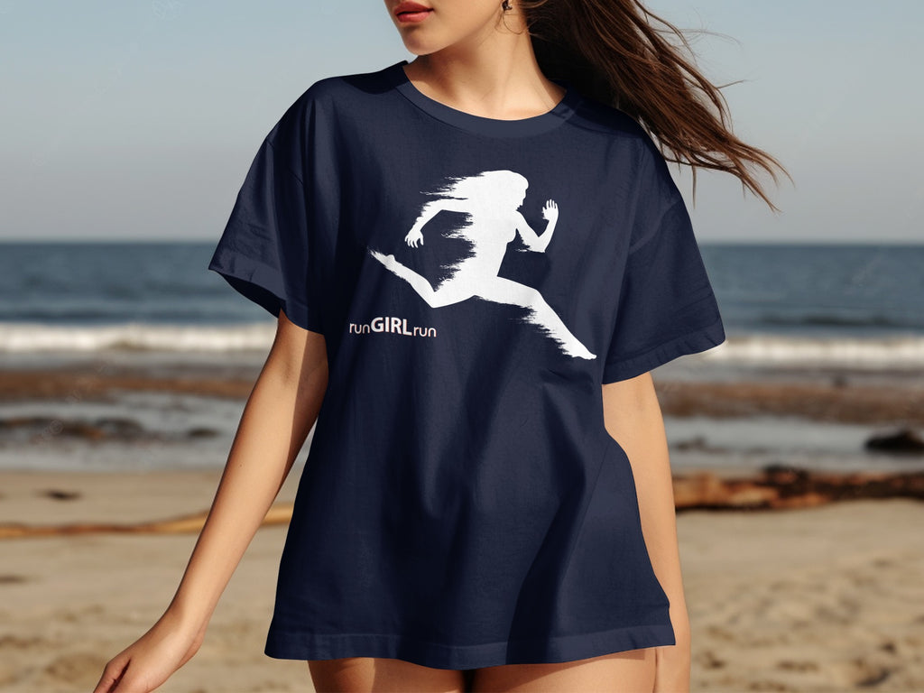 Navy t-shirt with white running girl graphic and text "runGIRLrun."