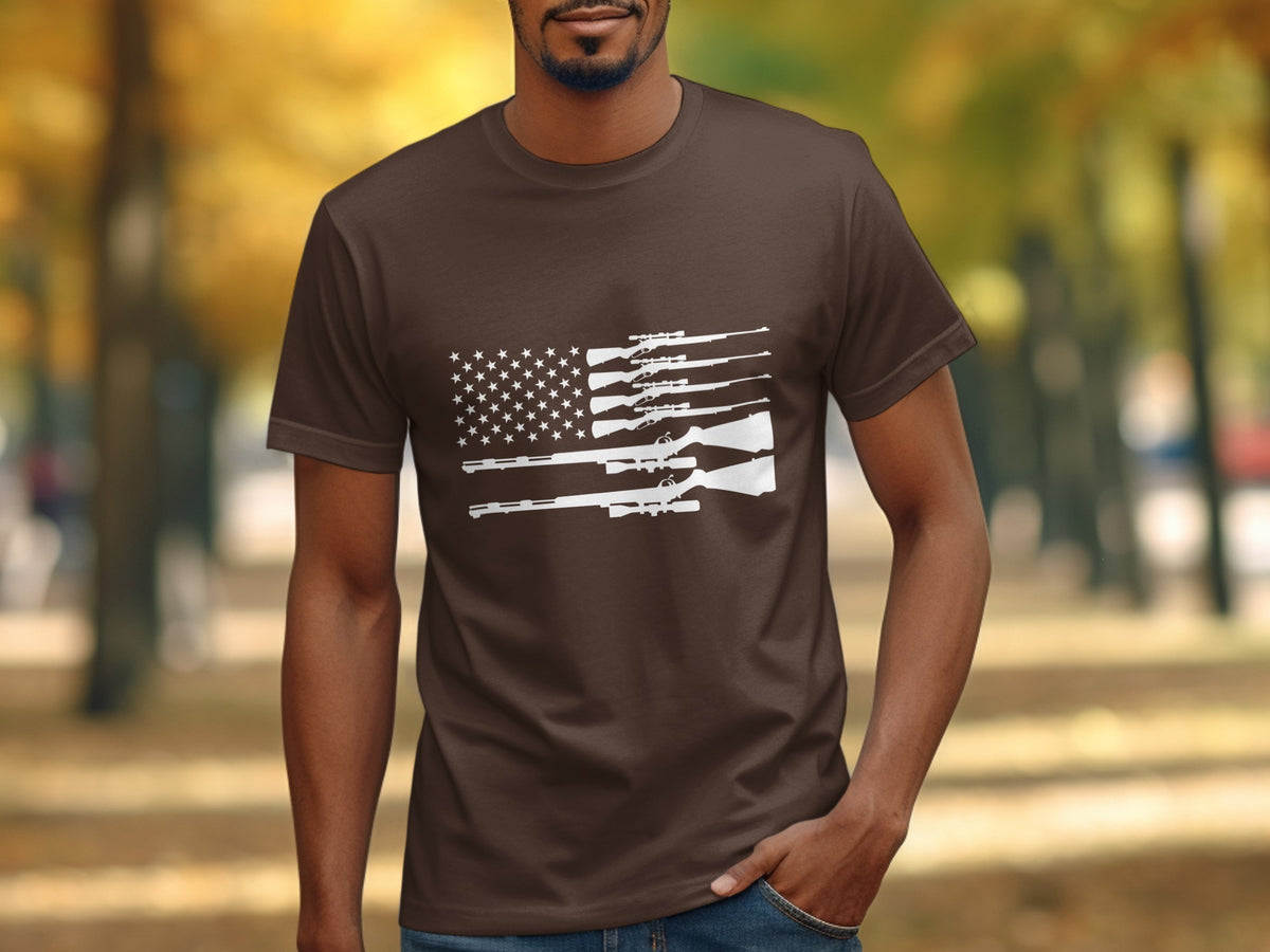 Brown t-shirt with a white graphic of an American flag made of rifles.