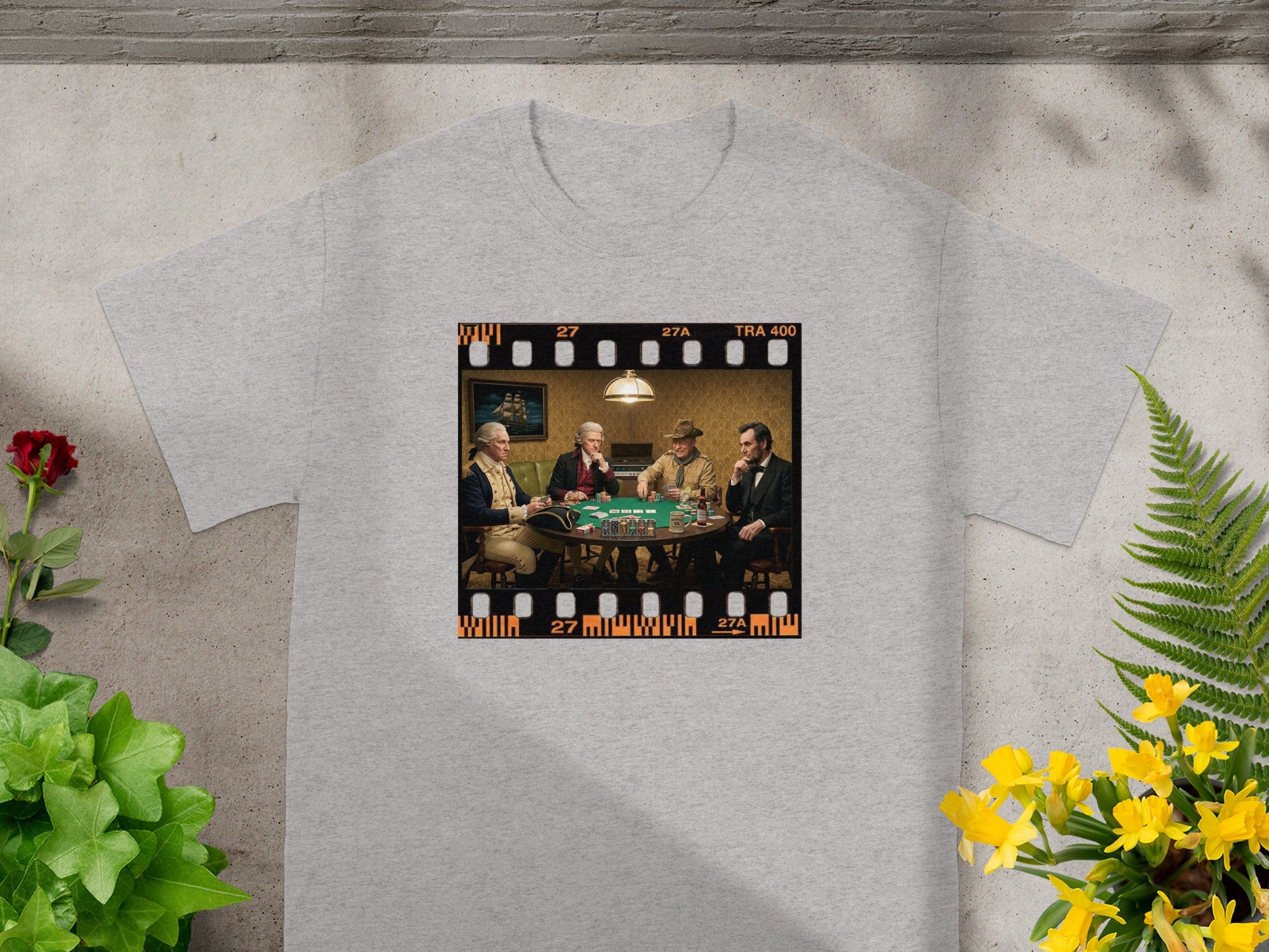 Historical figures play poker at a round table, framed in a film strip.