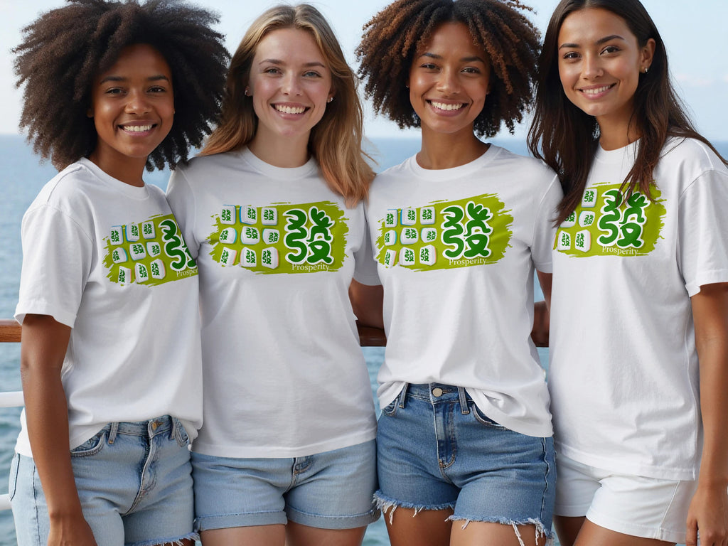 Four women in white t-shirts with green Chinese characters and "Prosperity" text and mahjong tiles.