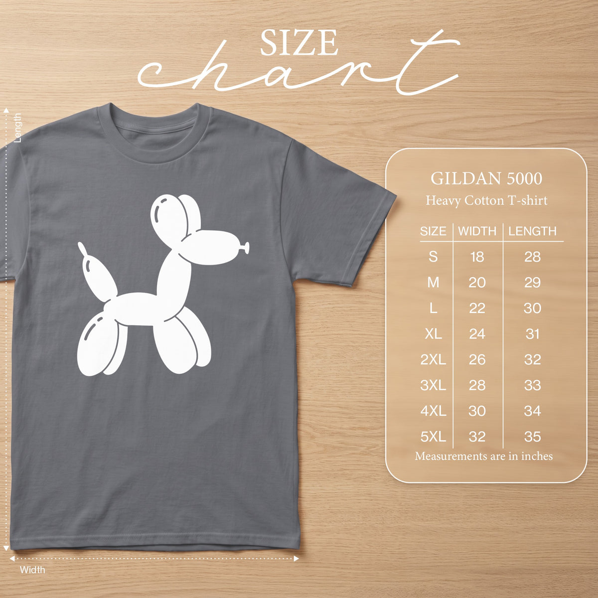 Gildan 5000 Heavy Cotton T-shirt with white balloon dog graphic and size chart.