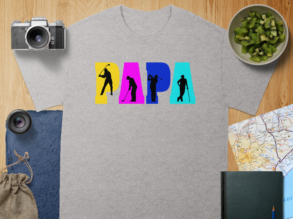 Grey t-shirt with colorful "PAPA" text featuring golfer silhouettes.