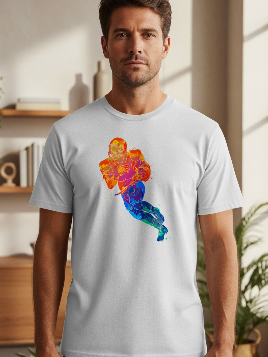 White t-shirt featuring a colorful watercolor football player graphic.