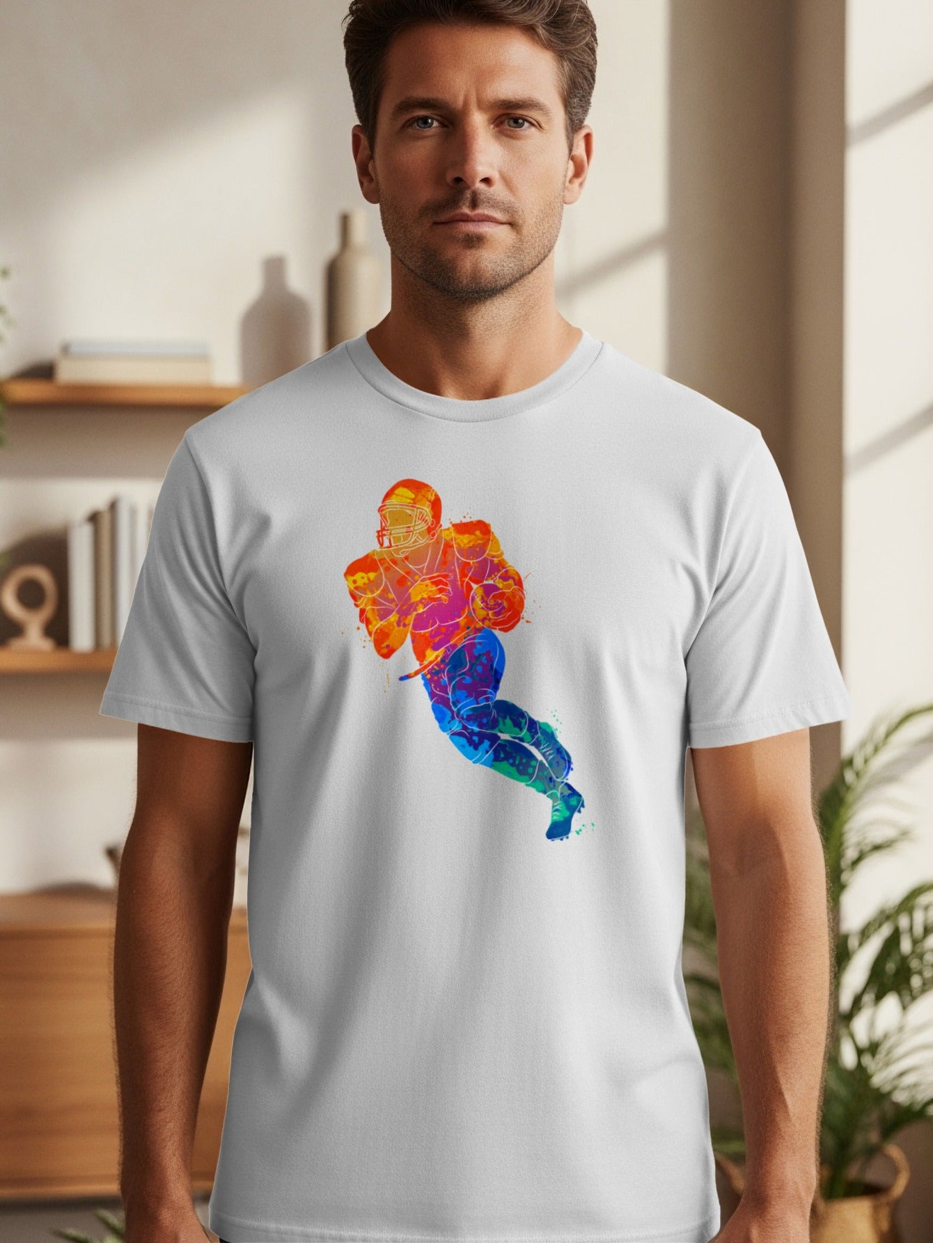 White t-shirt featuring a colorful watercolor football player graphic.