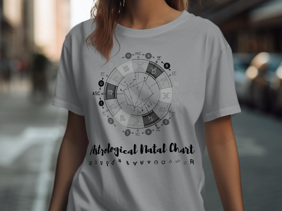 Grey t-shirt with an astrological natal chart and symbols.