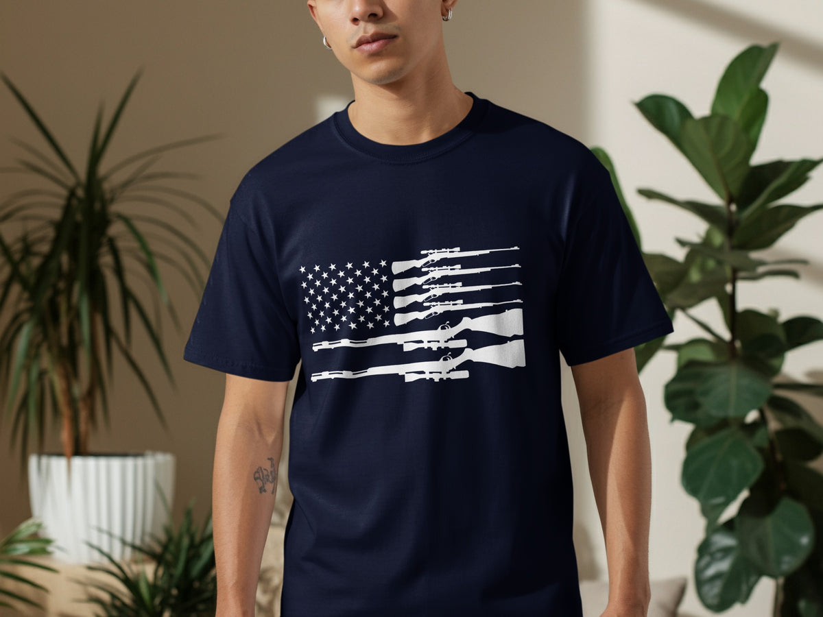Navy t-shirt with white American flag design featuring firearms.