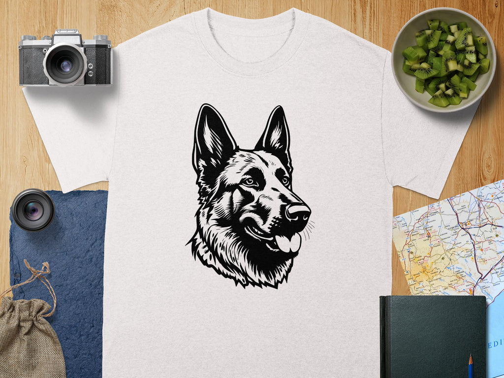 White t-shirt with black German Shepherd illustration and surrounding props.