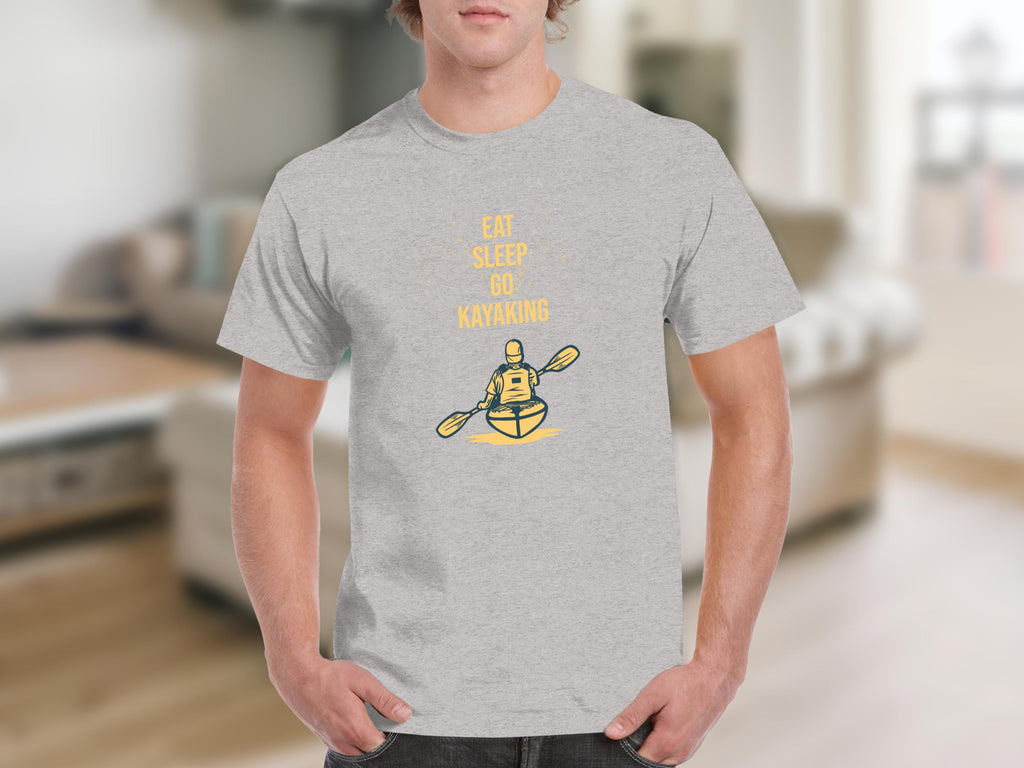 Grey t-shirt with yellow text "Eat Sleep Go Kayaking" and graphic.