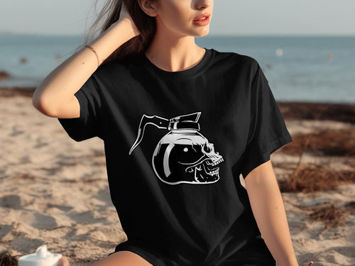 Black t-shirt with a white skull and coffee pot graphic on the front.