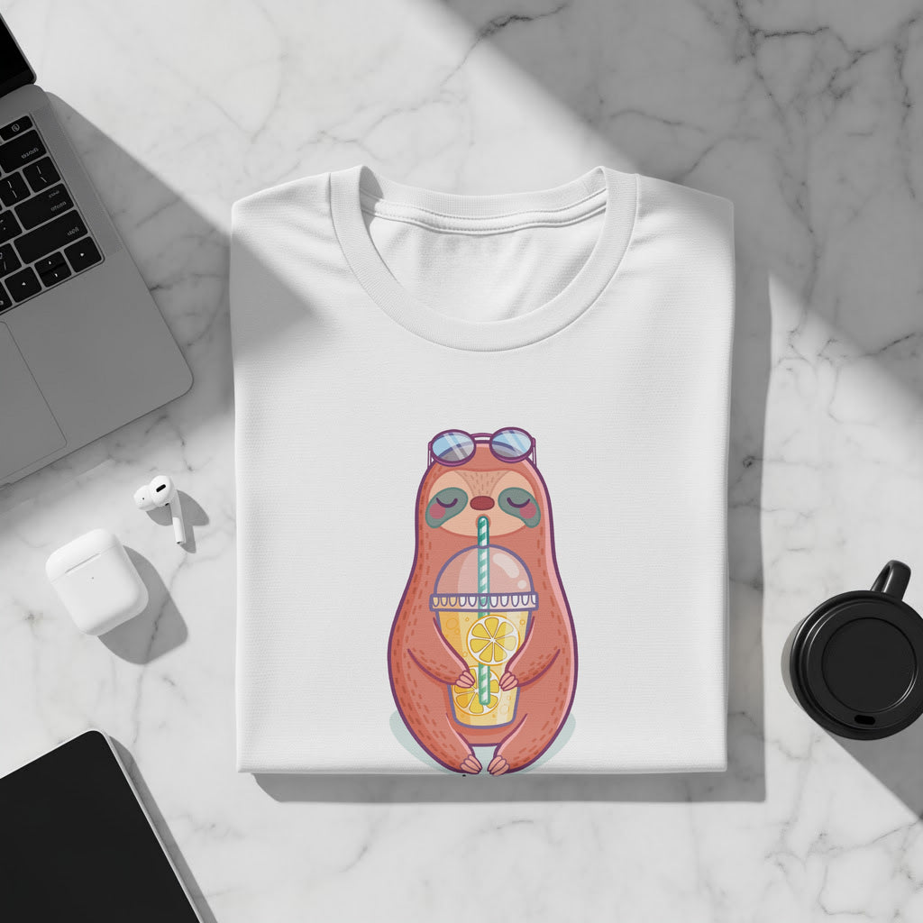 White t-shirt with a cartoon sloth wearing sunglasses and holding a lemon drink.