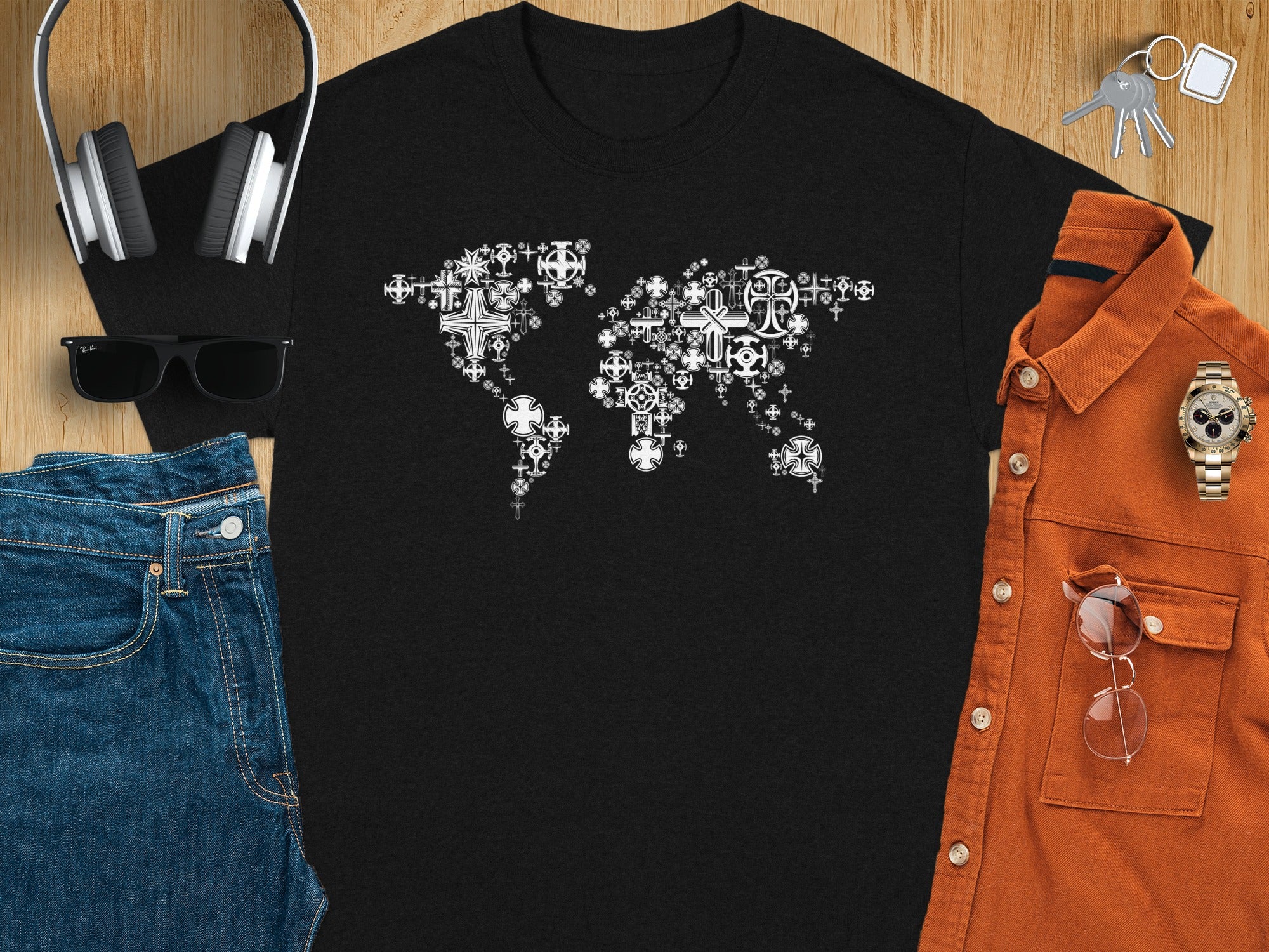 Black t-shirt with a white world map made of various crosses and religious symbols.
