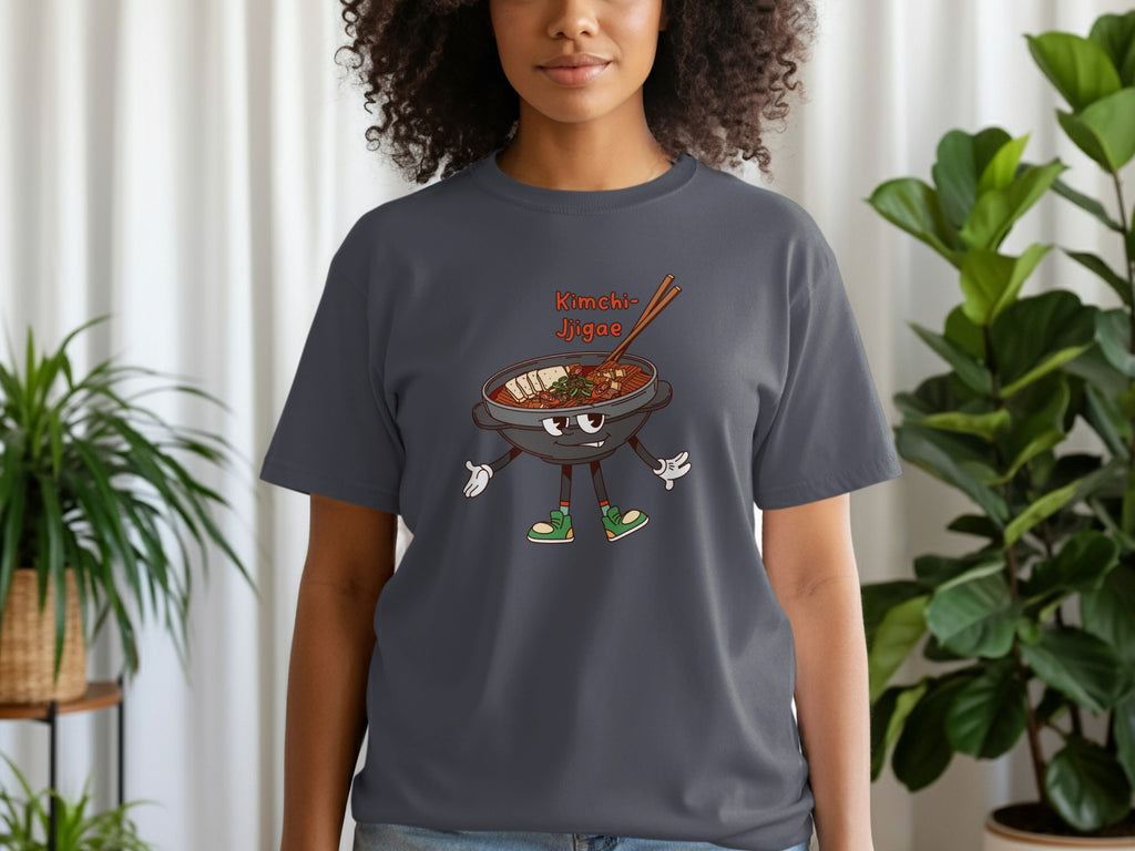 A cartoon bowl of Kimchi Jjigae with arms, legs, and green shoes.