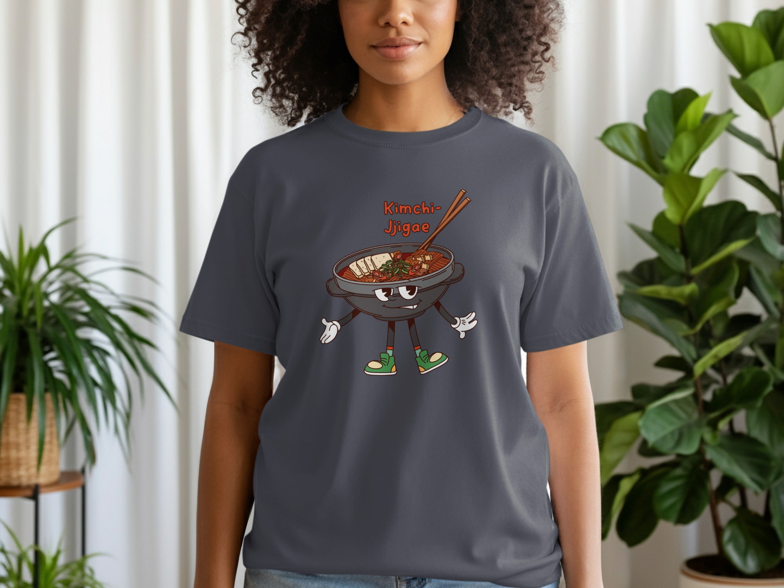 A cartoon bowl of Kimchi Jjigae with arms, legs, and green shoes.