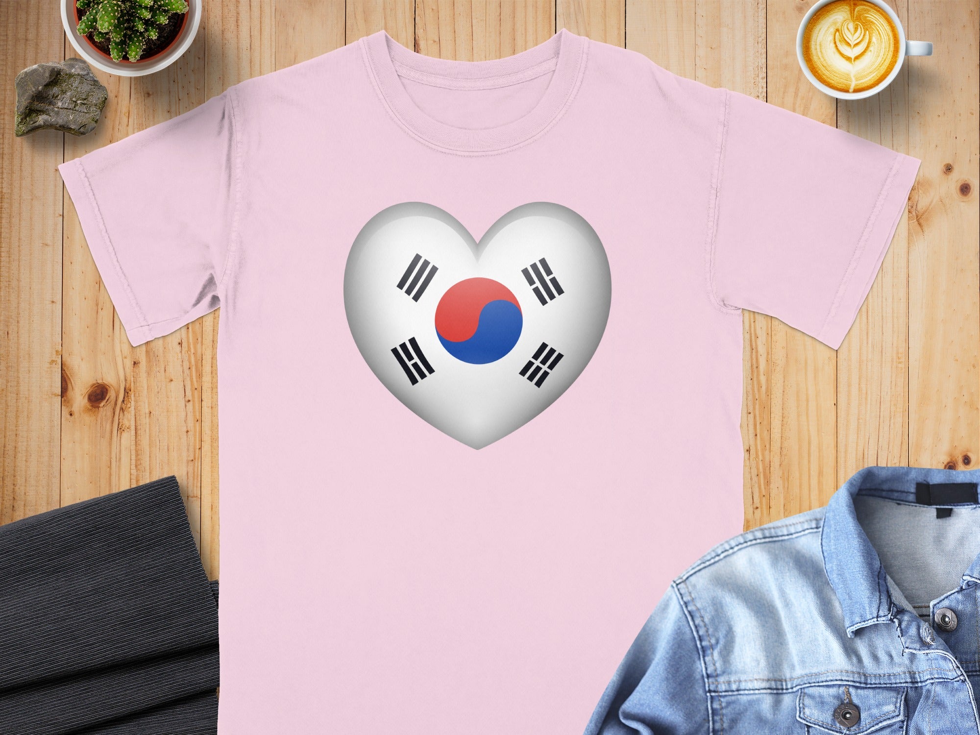 Pink t-shirt featuring a heart-shaped South Korean flag design.