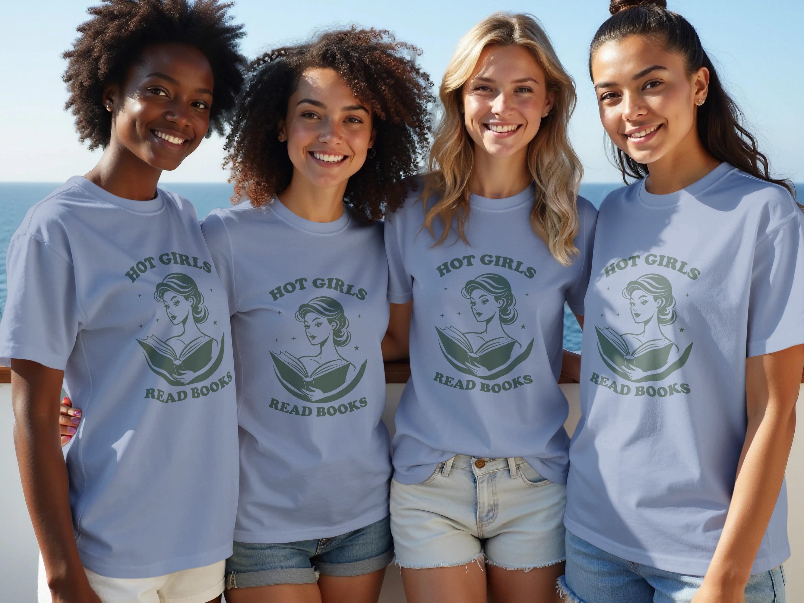 Four women wear matching t-shirts with "Hot Girls Read Books" graphic and text.