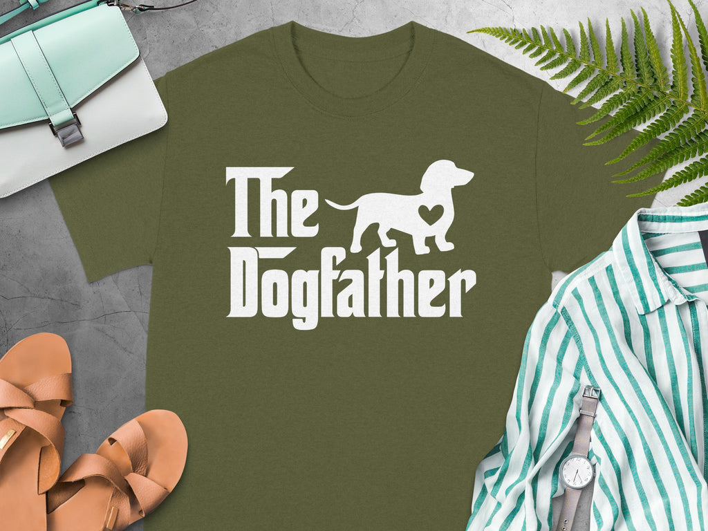 Olive green t-shirt with "The Dogfather" text and a dachshund silhouette.