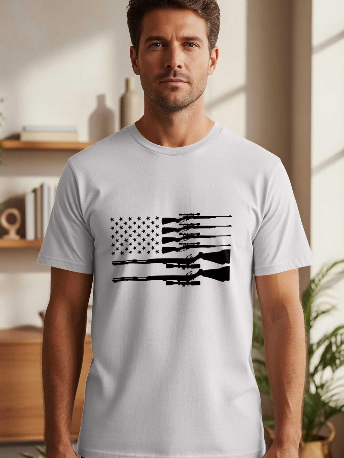 T-shirt with American flag design made of rifles and stars.