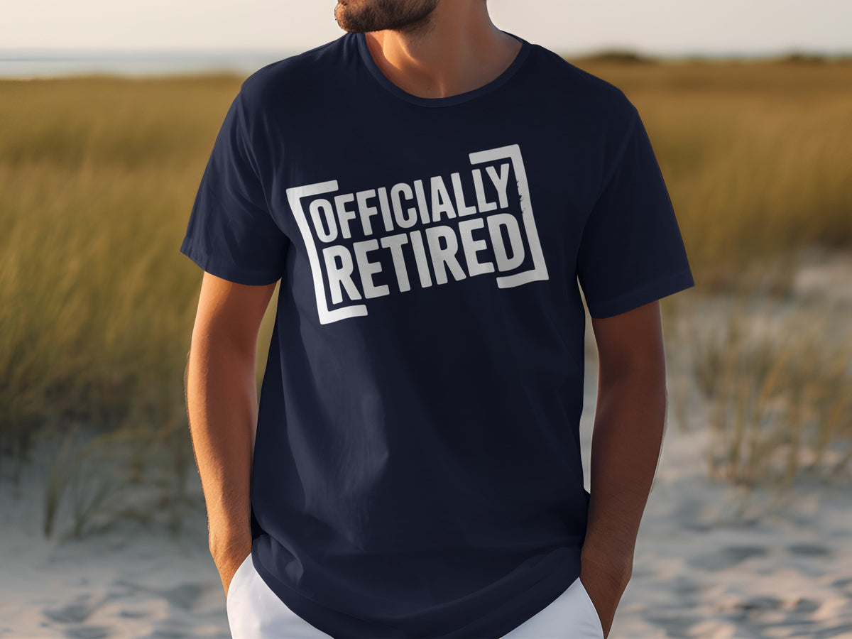 Navy t-shirt with white text reading "OFFICIALLY RETIRED"
