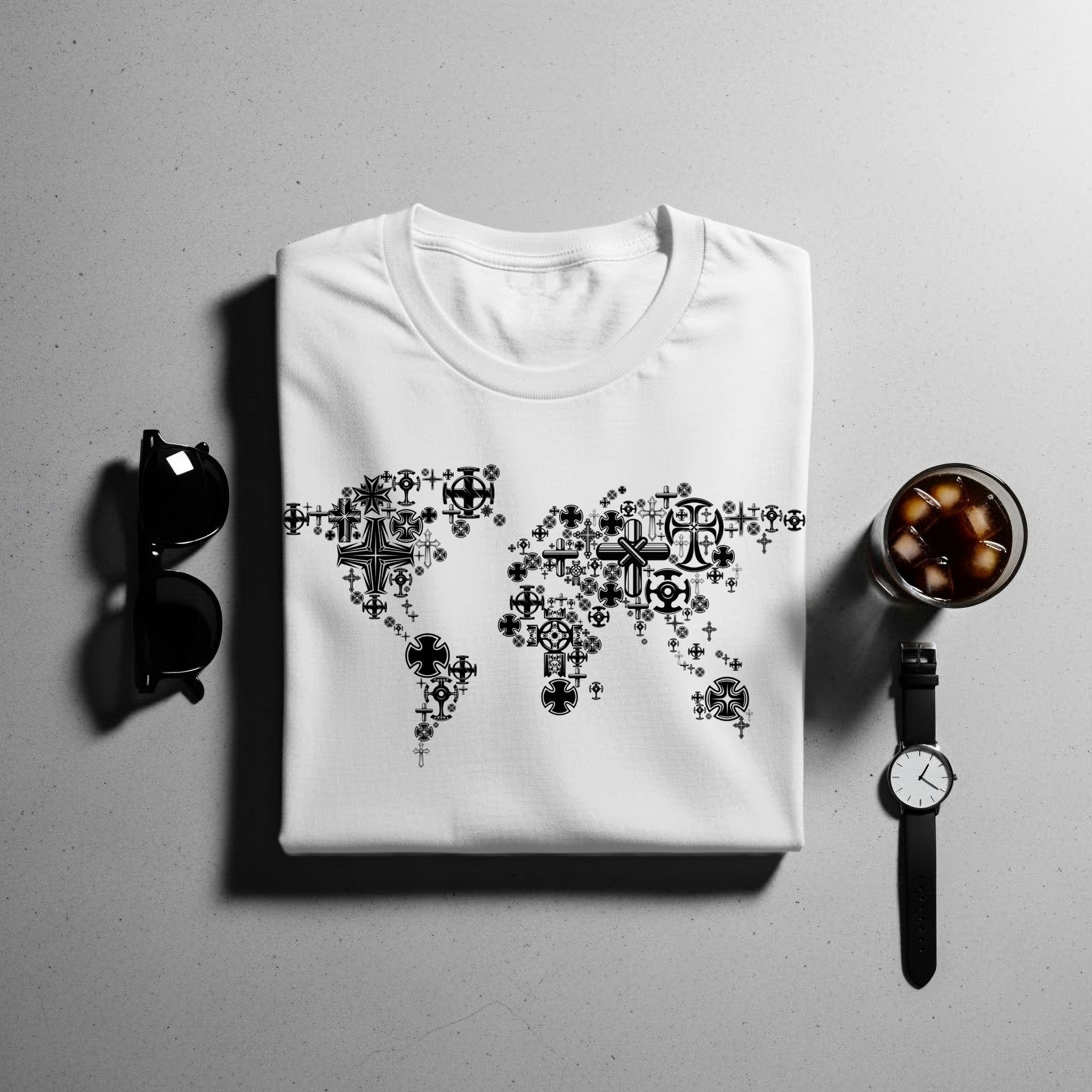 White t-shirt with a black world map design made of various crosses.