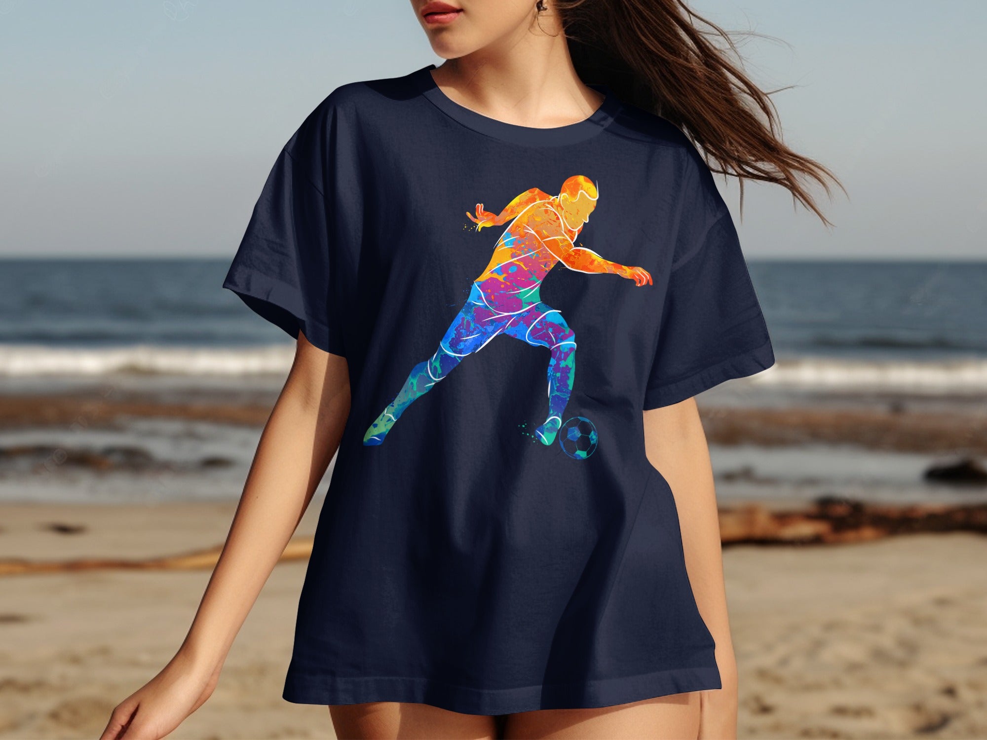 Navy t-shirt with a colorful splash art soccer player graphic on the front.