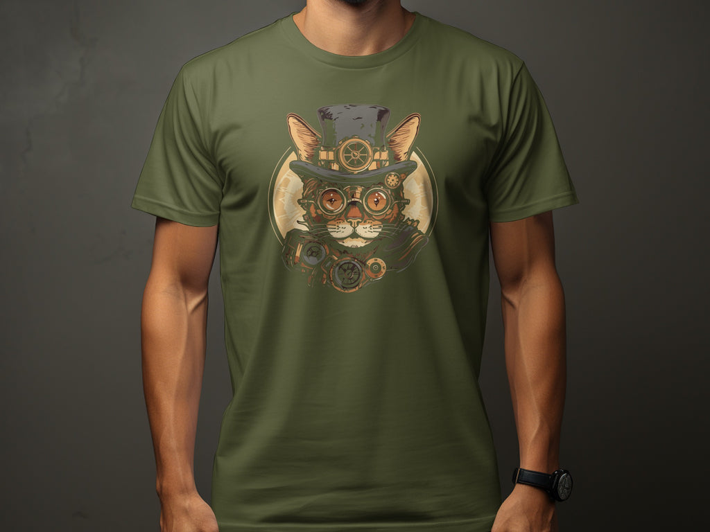 Steampunk cat wearing top hat and goggles, displayed on a green t-shirt.