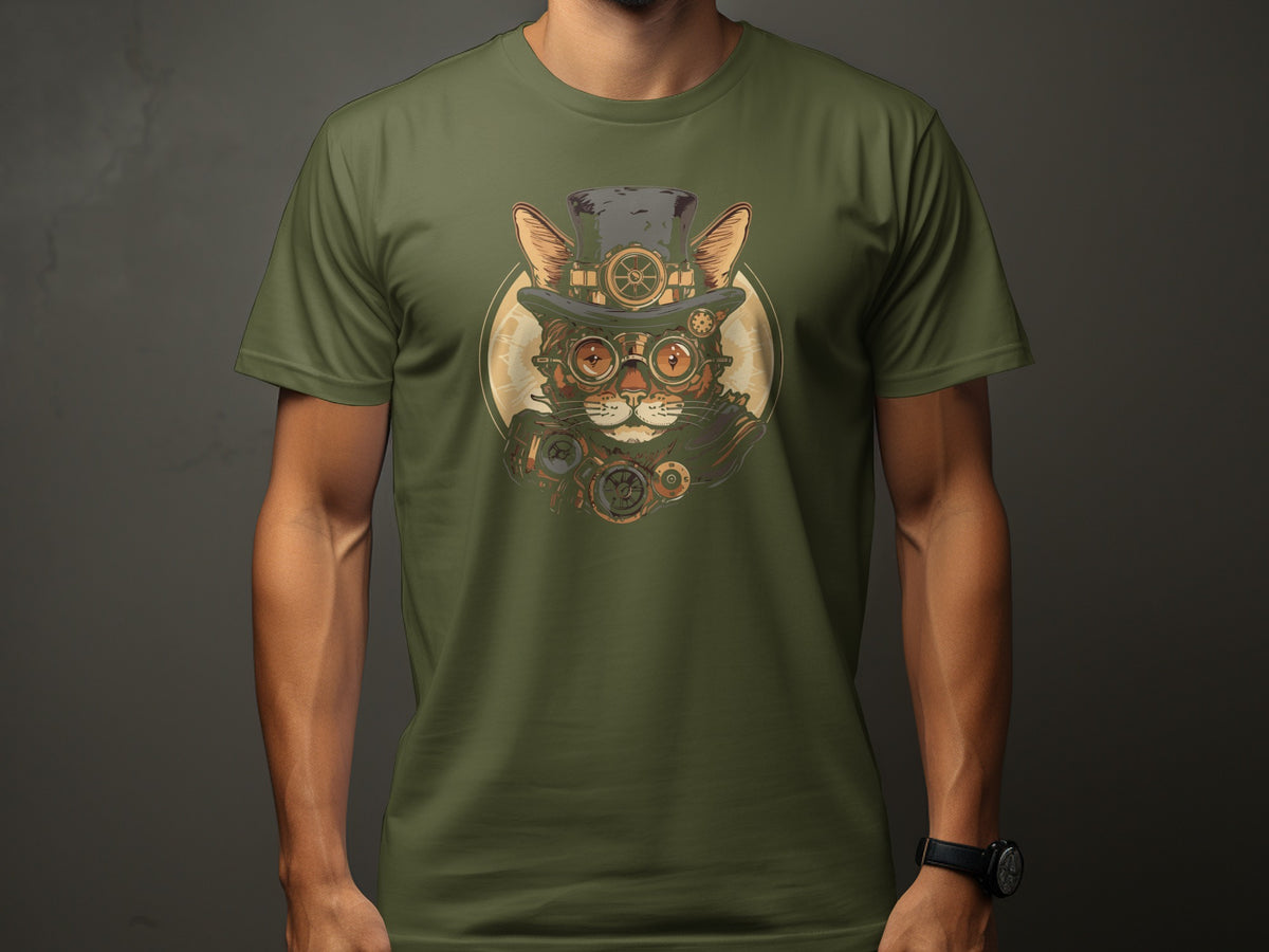 Steampunk cat wearing top hat and goggles, displayed on a green t-shirt.