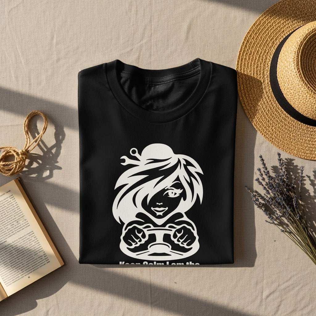 Black t-shirt with white graphic of woman driving and text "Keep Calm I am the".