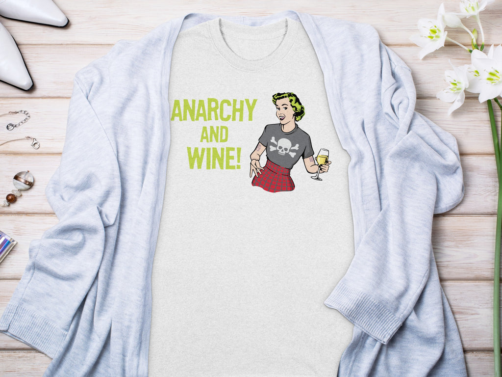 Light grey t-shirt with "ANARCHY AND WINE!" text and cartoon graphic.