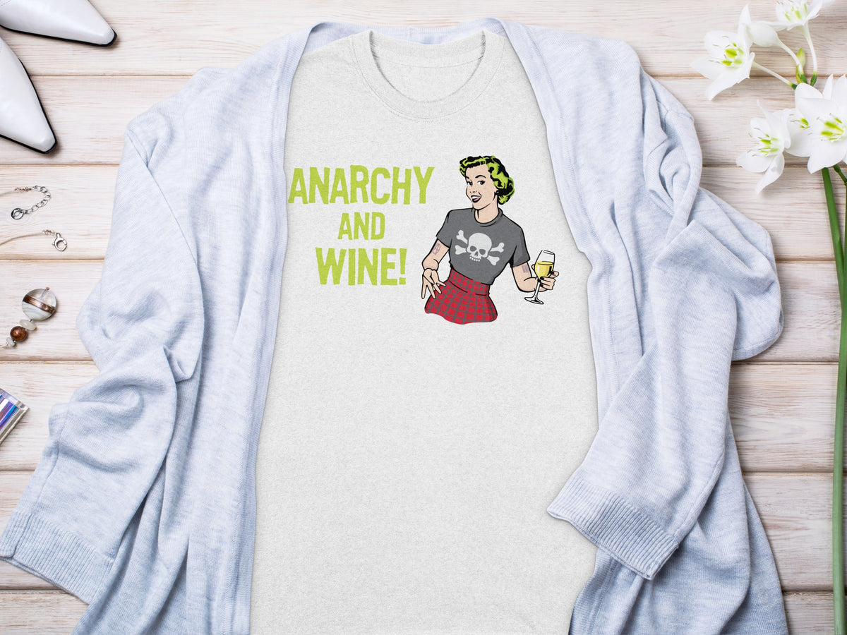 Light grey t-shirt with "ANARCHY AND WINE!" text and cartoon graphic.