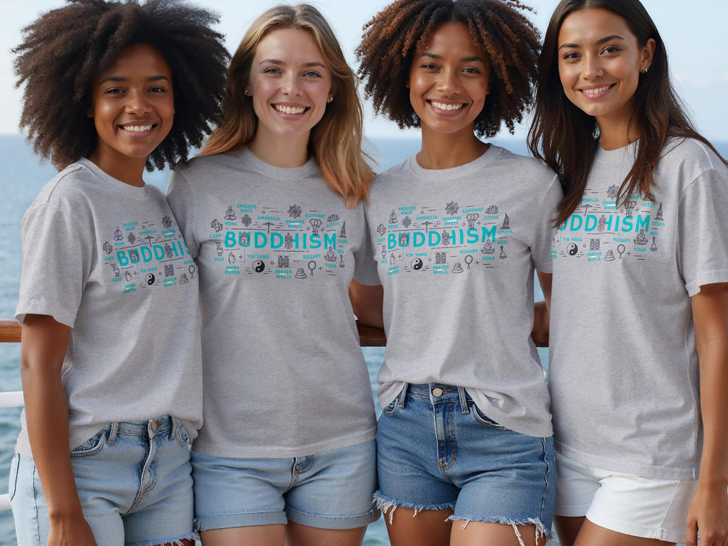 Four women in grey t-shirts with "Buddhism" and symbols, against a water background.