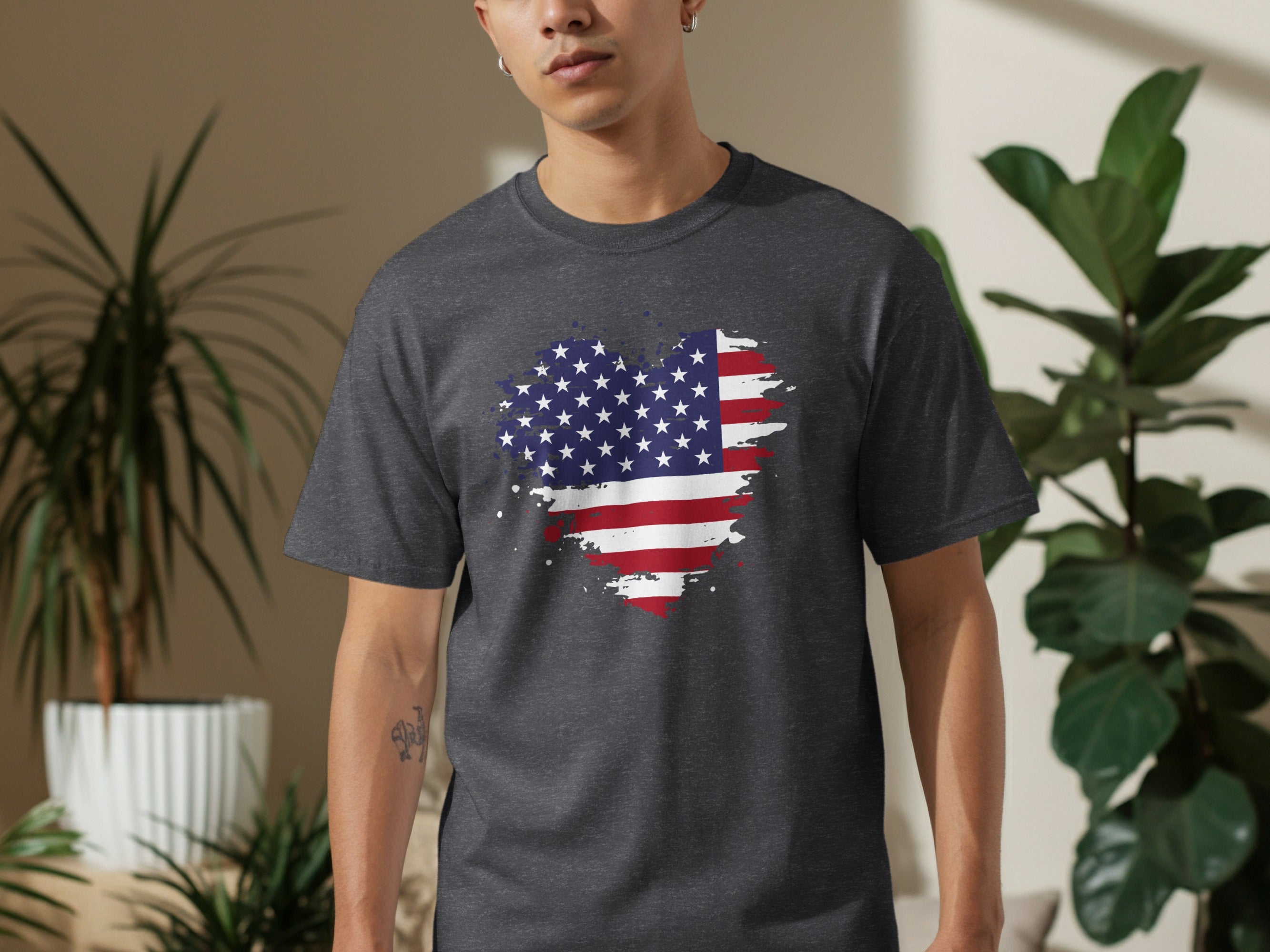 Charcoal t-shirt with distressed American flag heart graphic on chest.