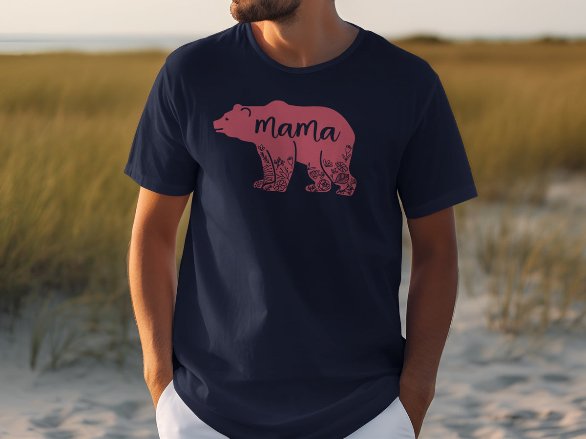 Navy t-shirt with pink bear graphic and "Mama" text.