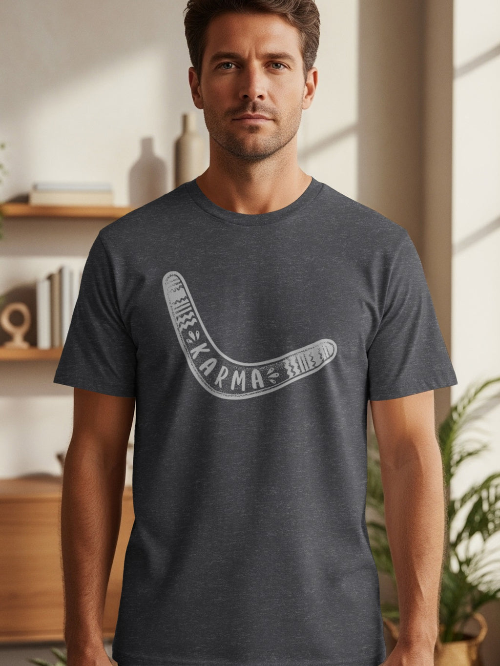 Dark grey t-shirt with a white boomerang graphic and the word "Karma".