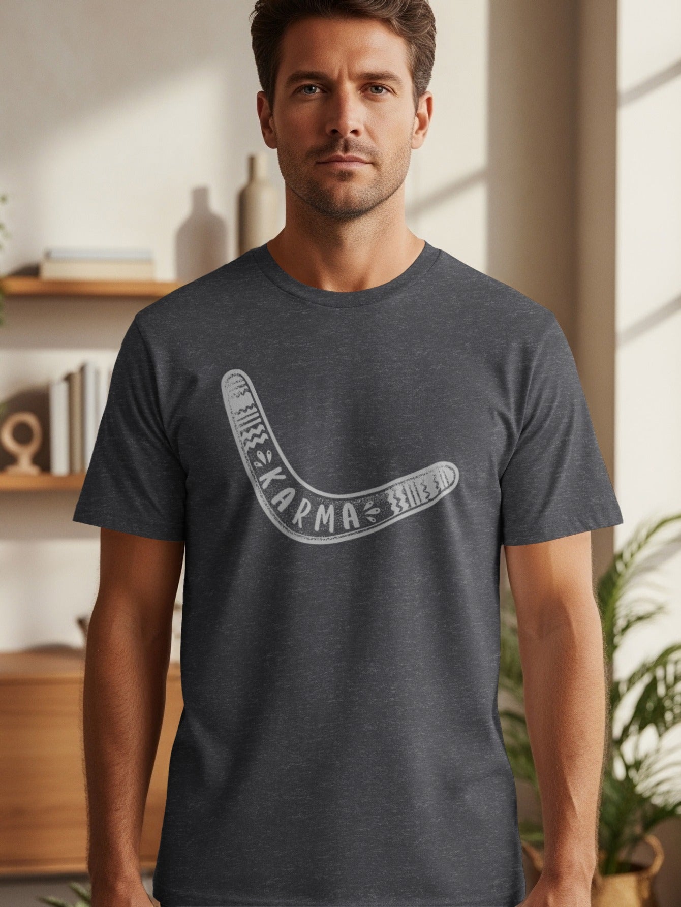 Dark grey t-shirt with a white boomerang graphic and the word "Karma".
