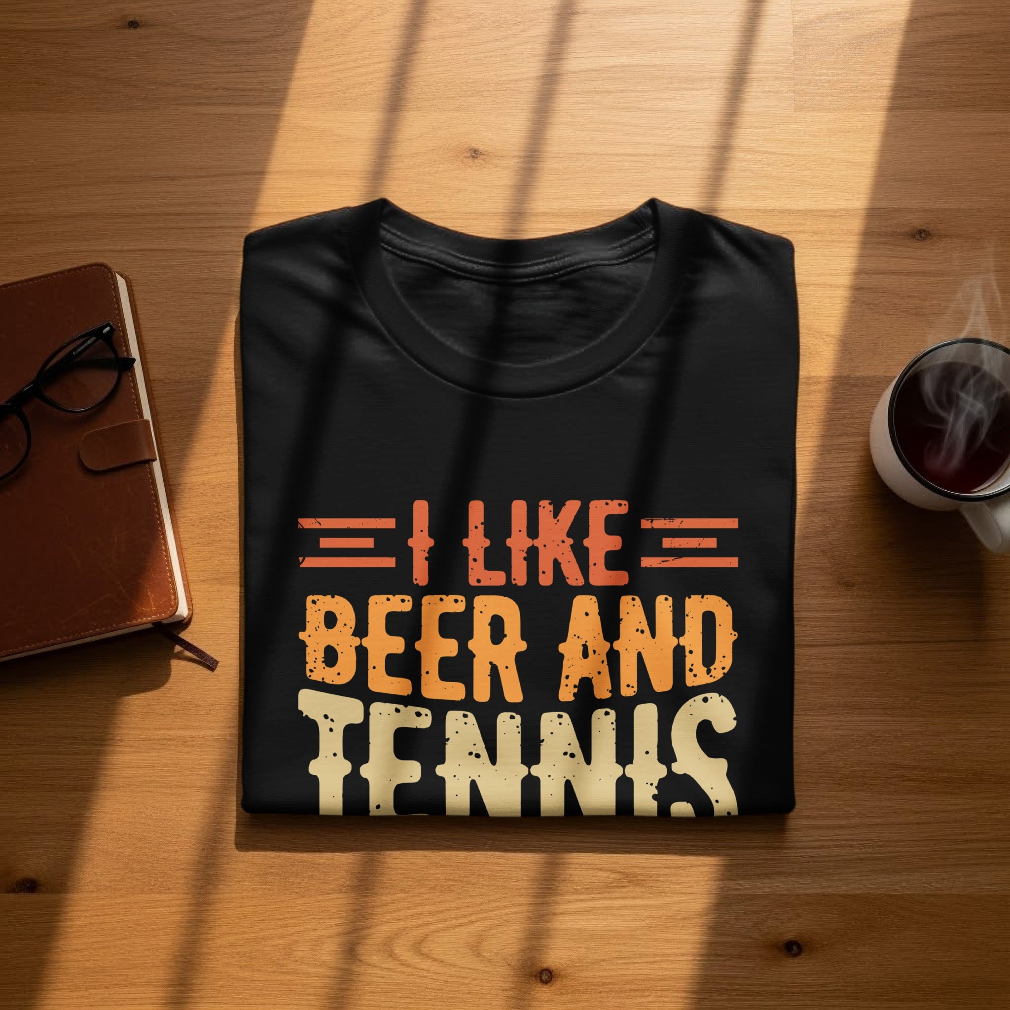 Black t-shirt with "I Like Beer And Tennis" text in orange and cream graphic font.