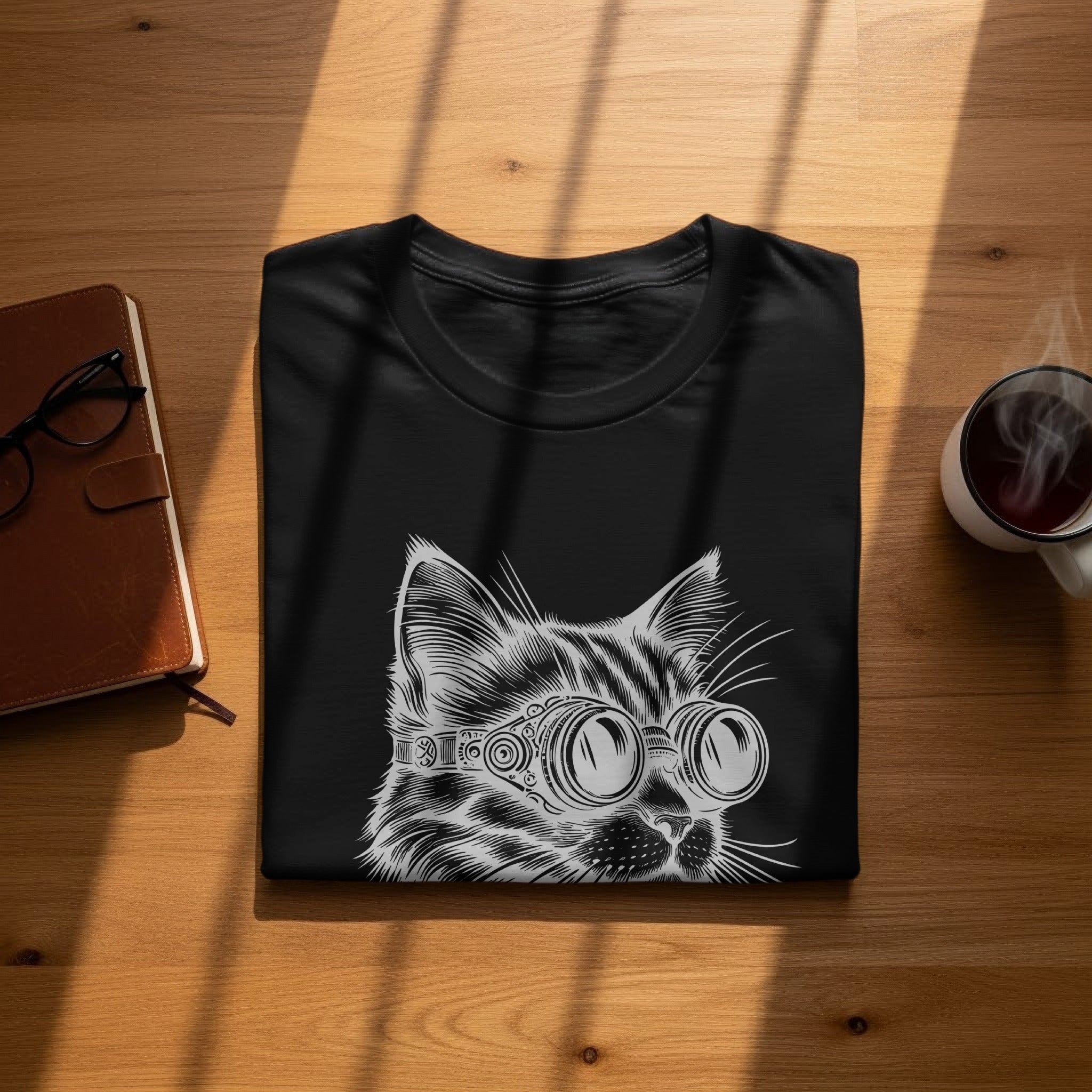 Black t-shirt with a white line drawing of a cat wearing goggles.