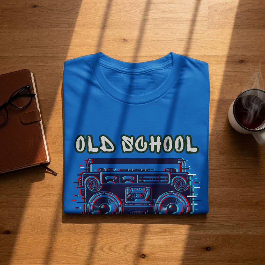 Blue t-shirt with "OLD SCHOOL" text and a stylized boombox graphic.
