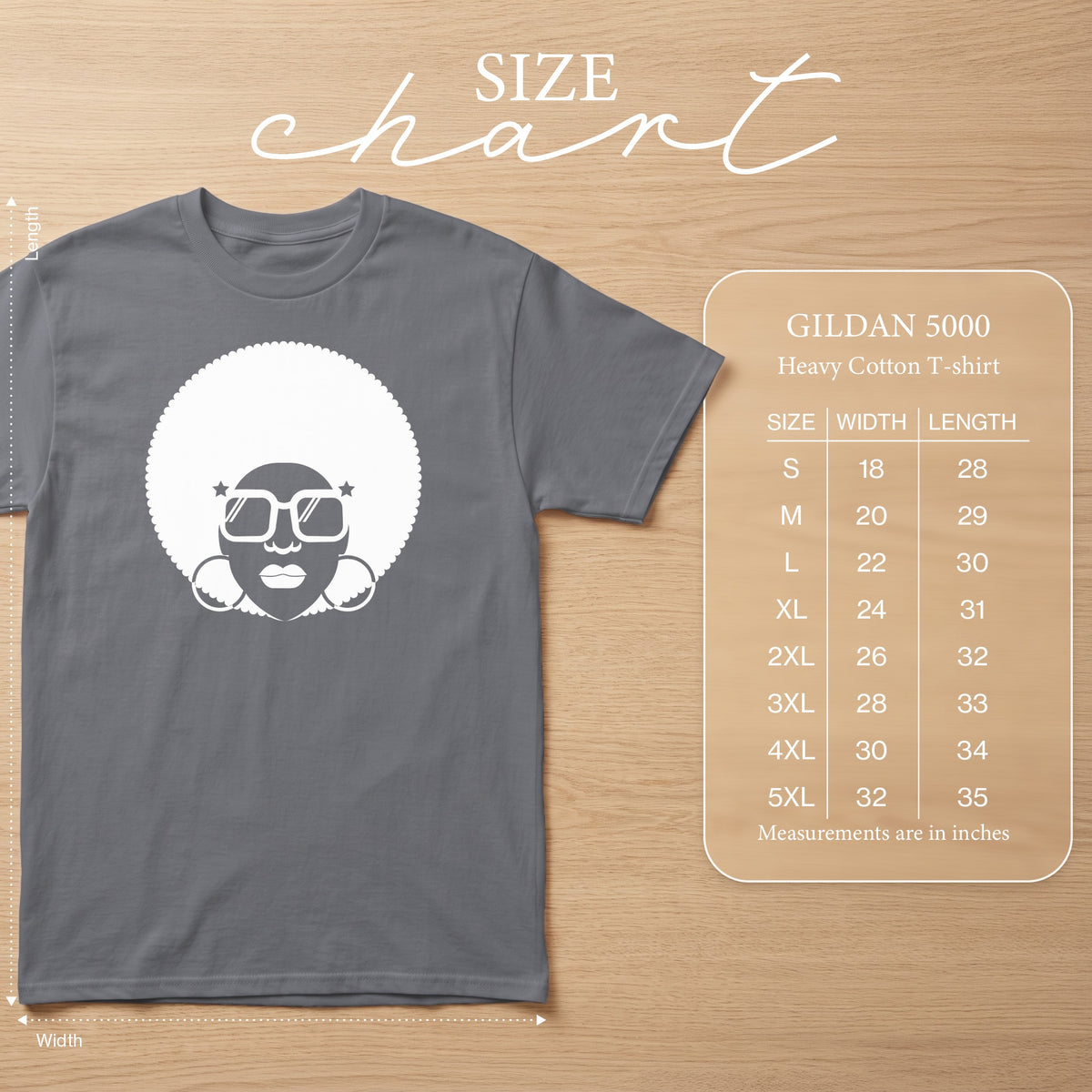 Gildan 5000 heavy cotton t-shirt with graphic and size chart.