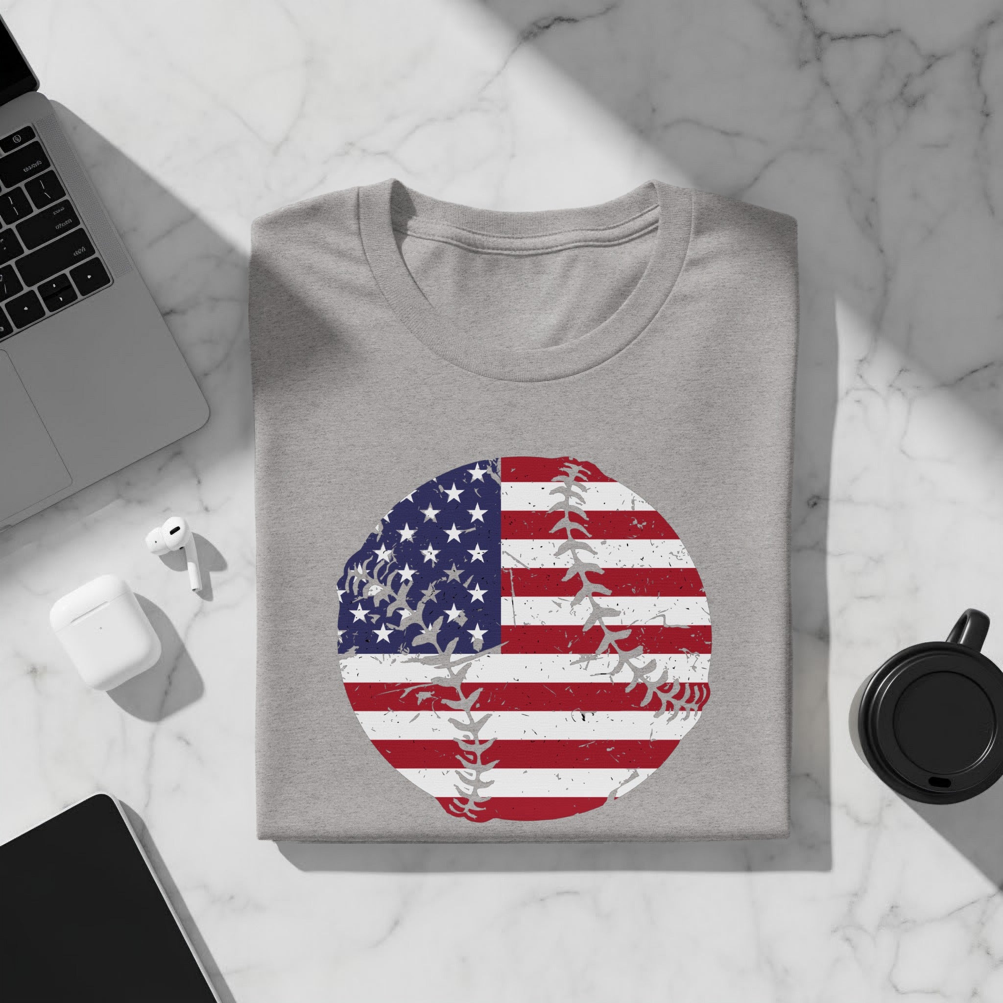 Gray t-shirt with distressed American flag baseball graphic.
