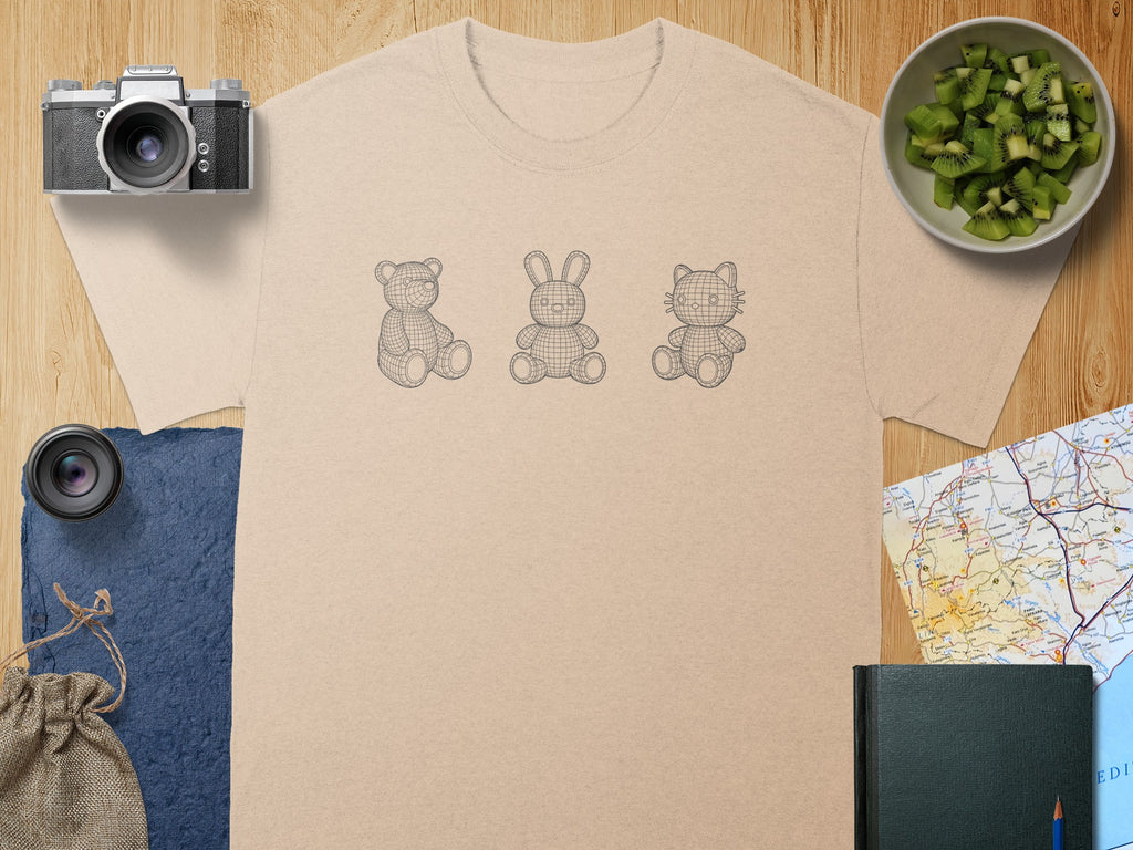 T-shirt with wireframe teddy bear, bunny, and cat design.