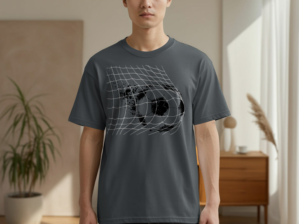 T-shirt with a black and grey abstract soccer ball going into a net graphic.