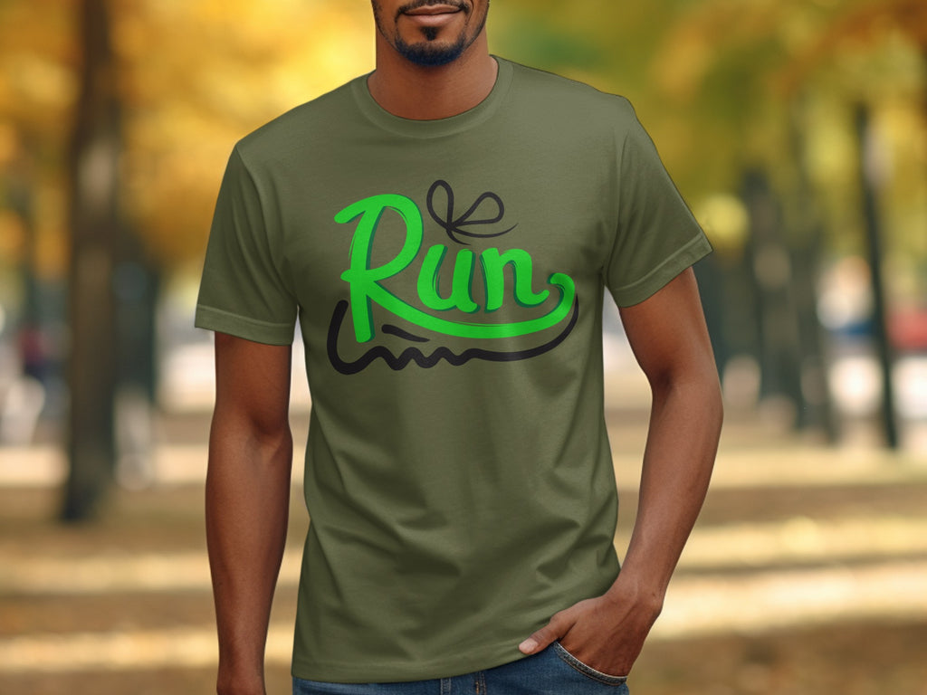 Olive green t-shirt with green "Run" graphic and black accent detail.