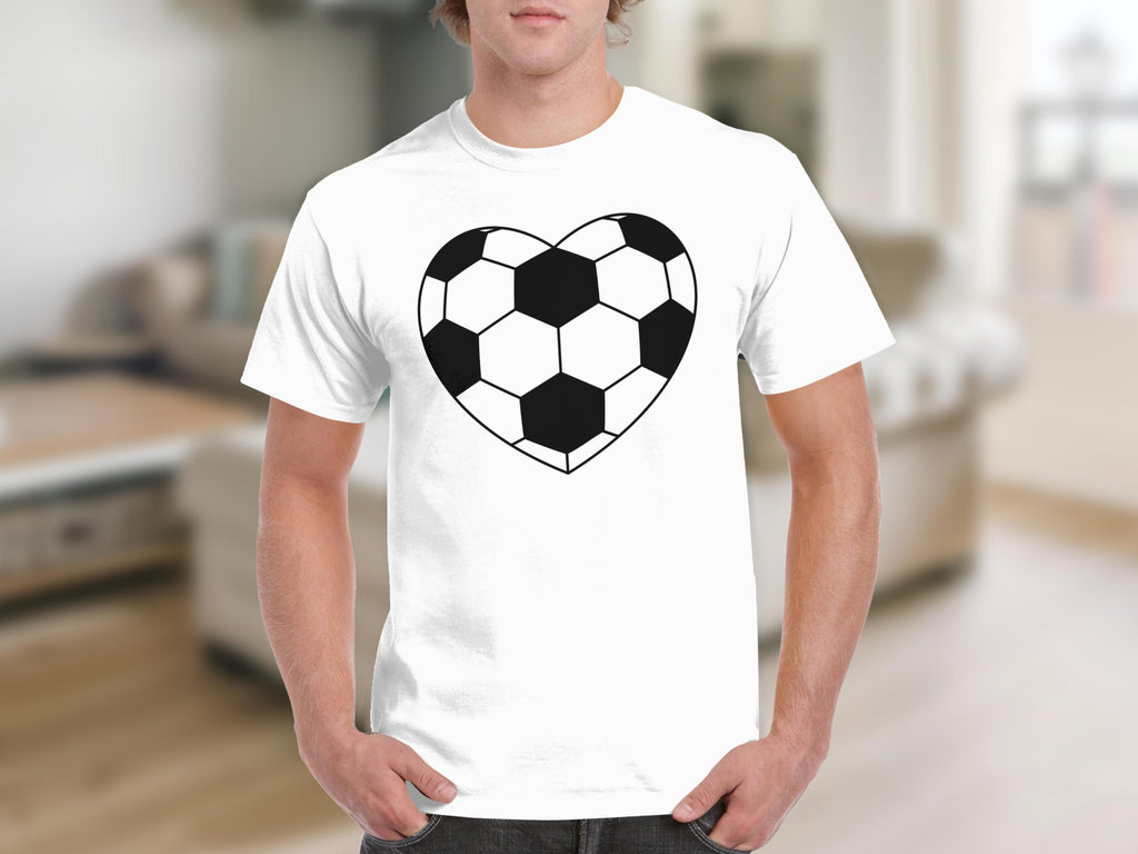 White t-shirt with a black and white heart-shaped soccer ball graphic.