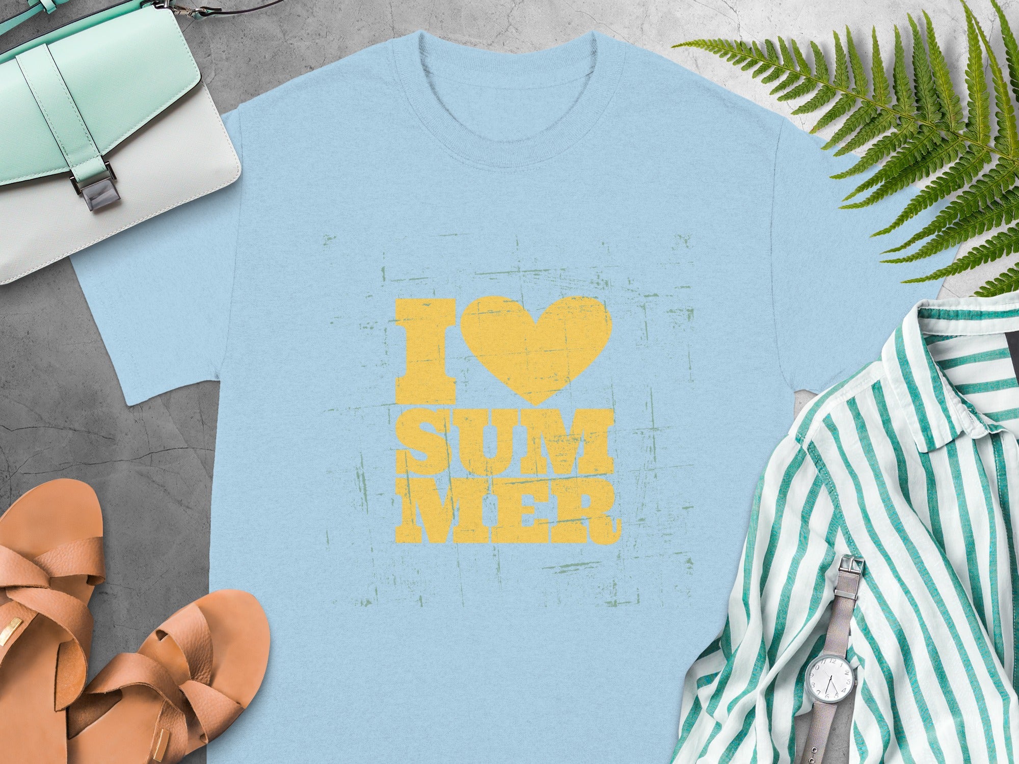 Light blue t-shirt with yellow "I Love Summer" graphic and a heart.